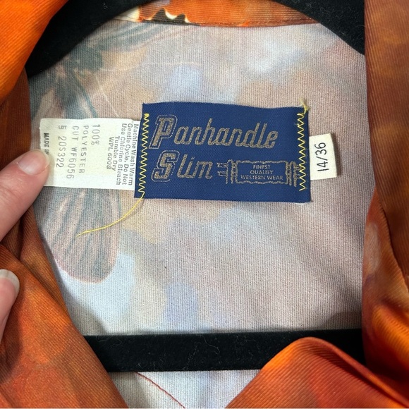 VNTG 70's Panhandle Slim Orange Blue Brown Butterfly Snap Front Shirt Size 14/36 - Picture 3 of 16